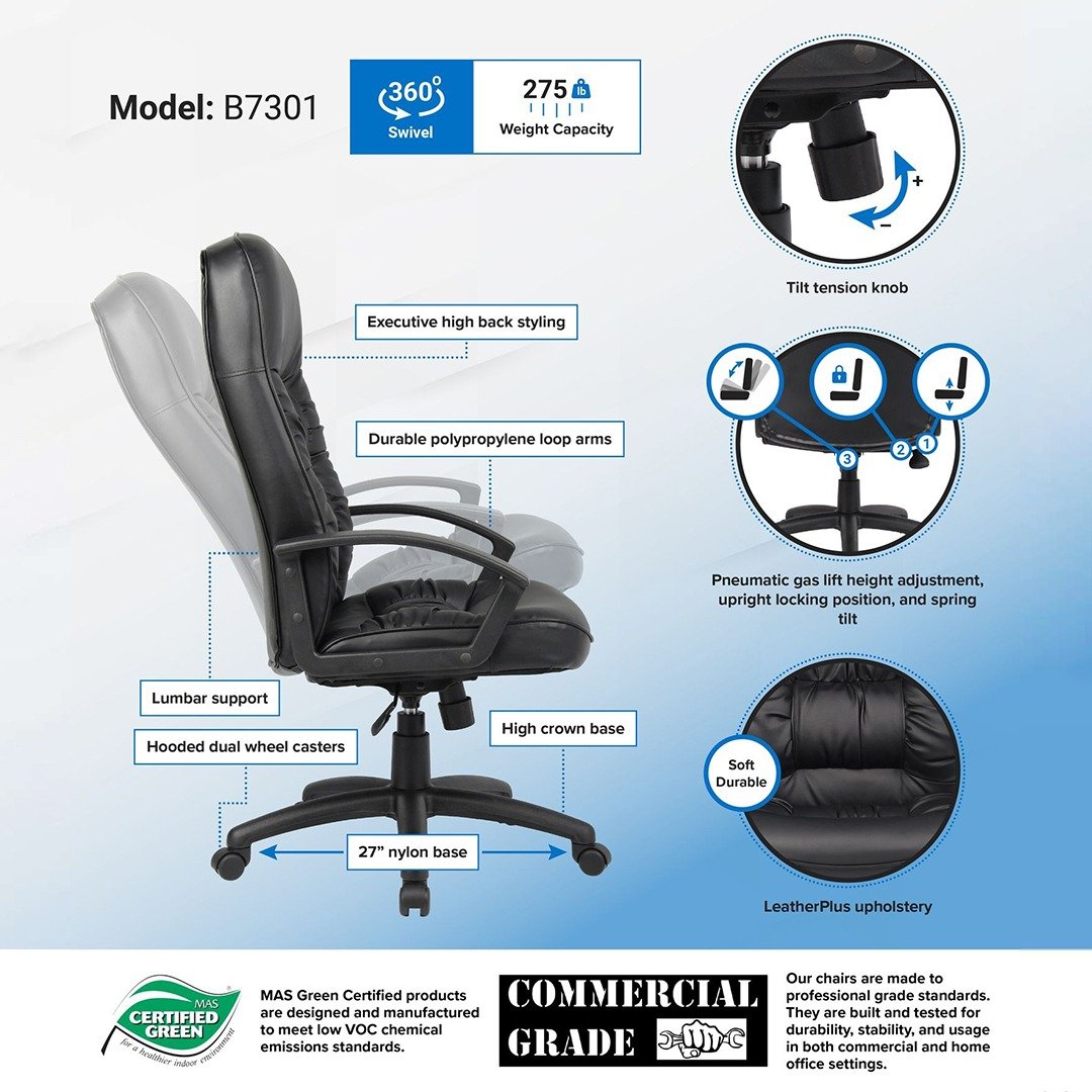 Boss High Back LeatherPlus Chair W/ Chrome Base - Image 9