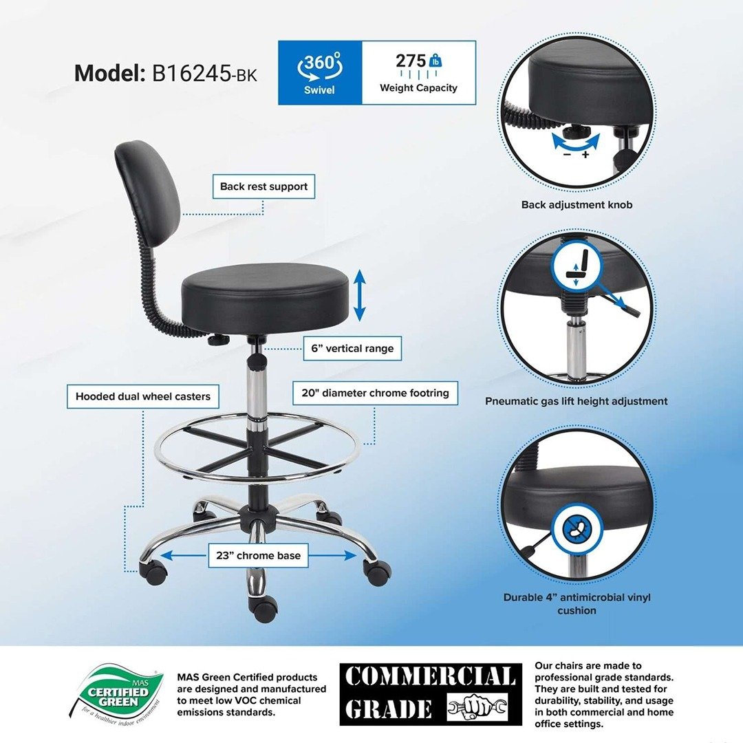 Boss Be Well Medical Spa Professional Adjustable Drafting Stool With Back And Removable Foot Rest Black - Image 10