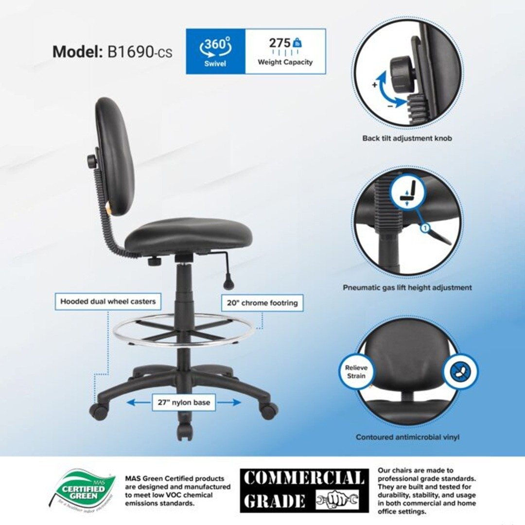 Black Leather Plus Posture Chair W/loop Arm - Image 8