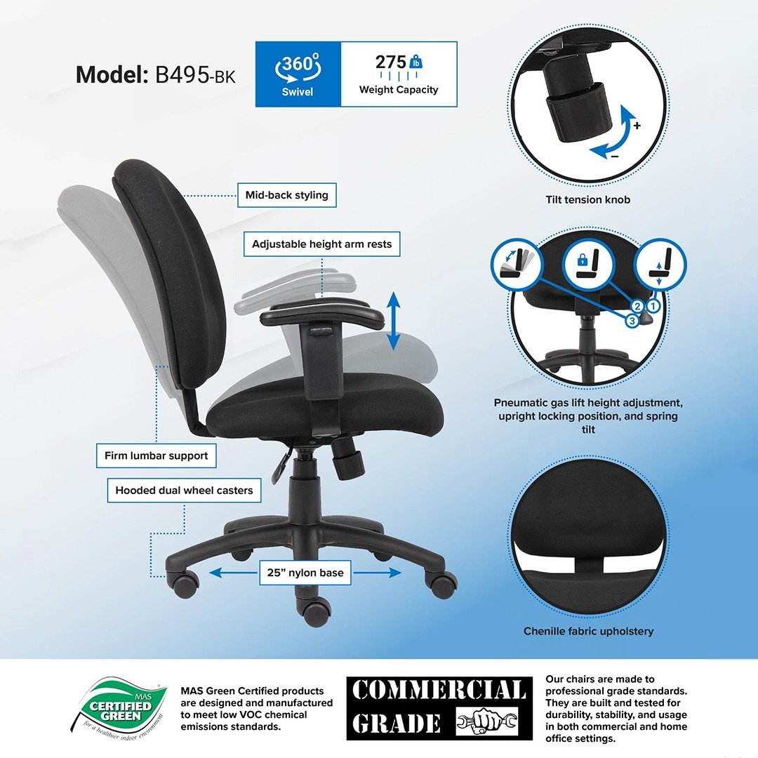 Boss Black Fabric Task Chair W/ Adjustable Arms - Image 4