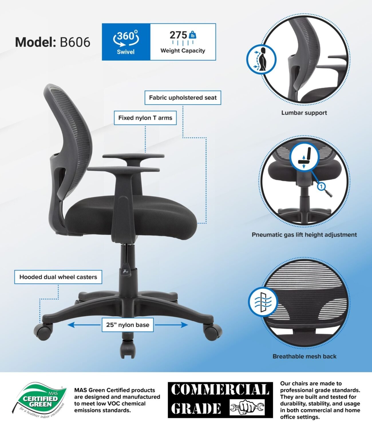 Boss Commercial Grade Mesh Task Chair W/ T-Arms - Image 3
