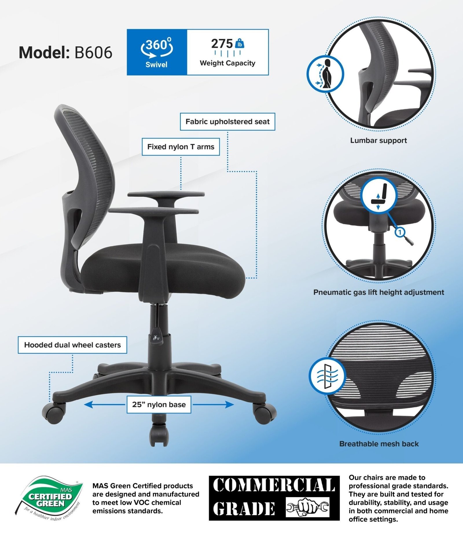 Boss Commercial Grade Mesh Task Chair W/ T-Arms - Image 3