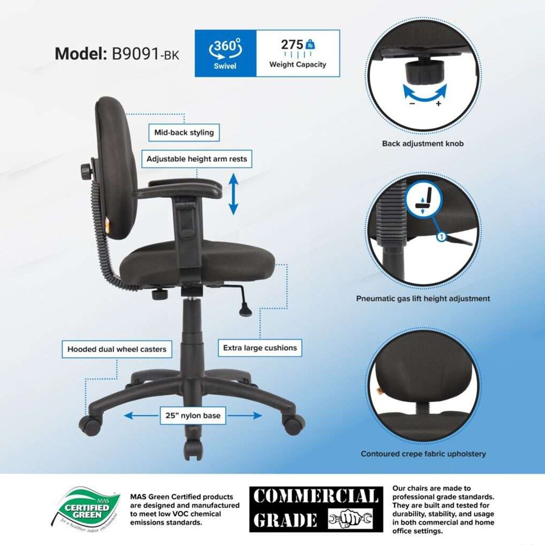 Boss Diamond Task Chair In Black Antimicrobial Vinyl W/ Adjustable Arms - Image 2