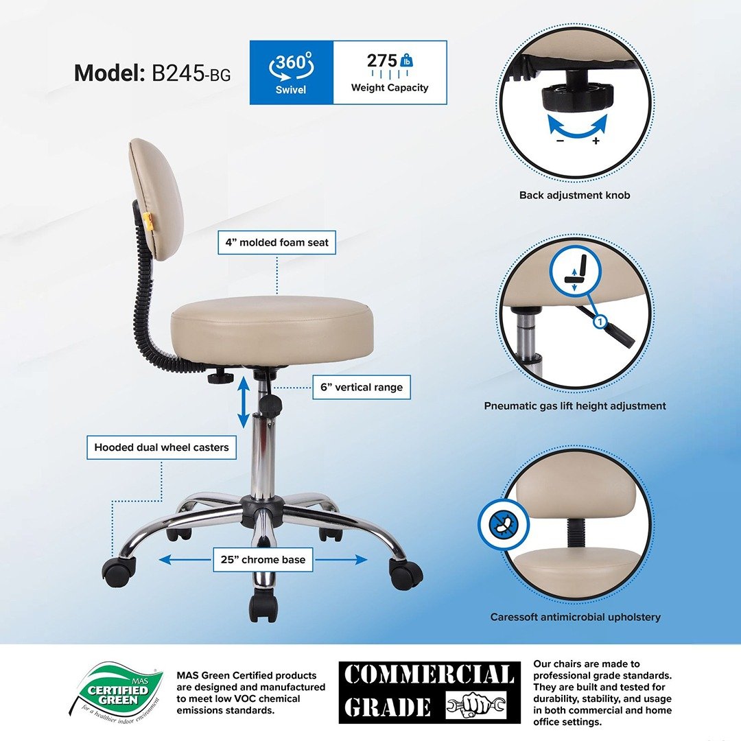 Boss Be Well Medical Spa Professional Adjustable Stool with Back, Beige - Image 10