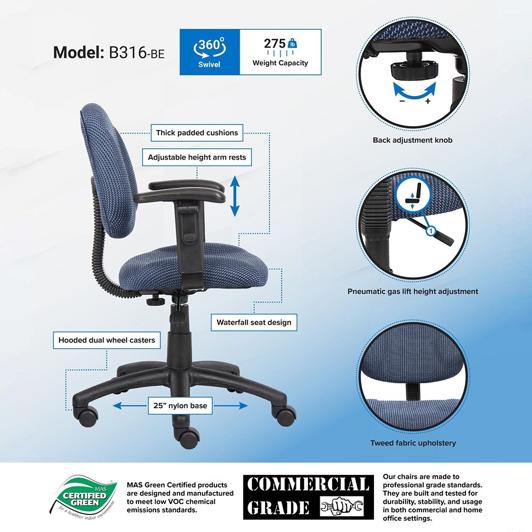 Boss Perfect Posture Deluxe Office Task Chair with Loop Arms, Blue - Image 7