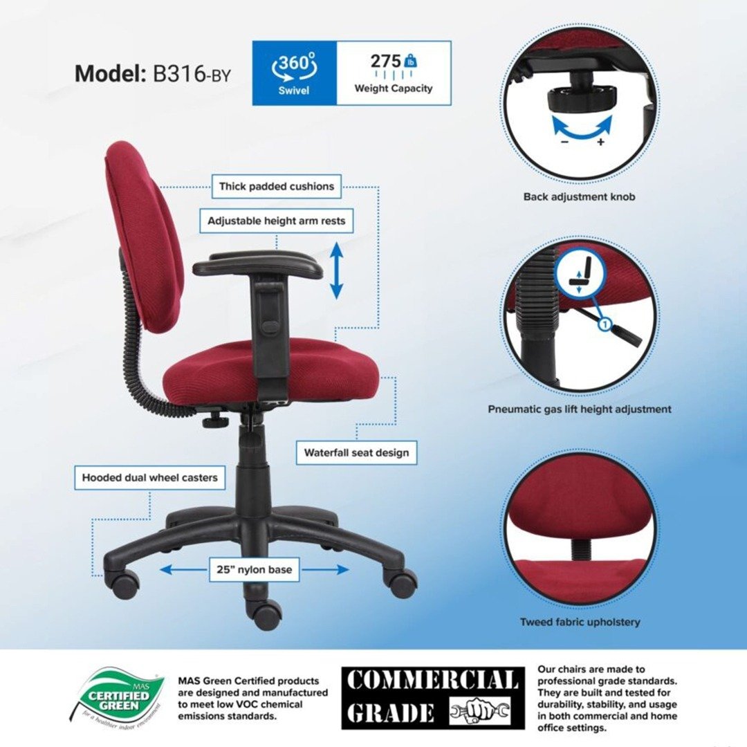 Boss Perfect Posture Deluxe Office Task Chair with Adjustable Arms, Burgundy - Image 3