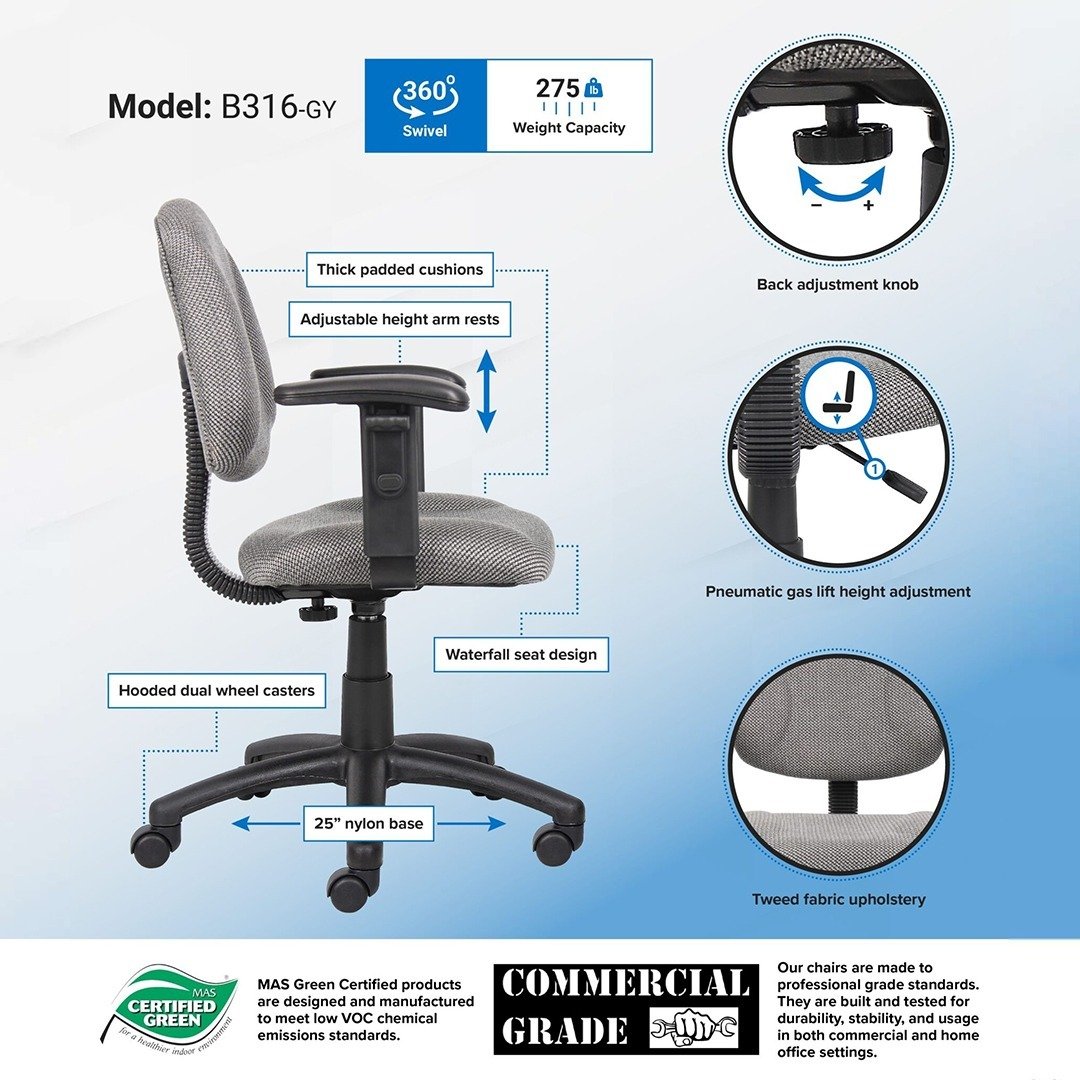 Boss Perfect Posture Deluxe Office Task Chair with Adjustable Arms, grey - Image 3