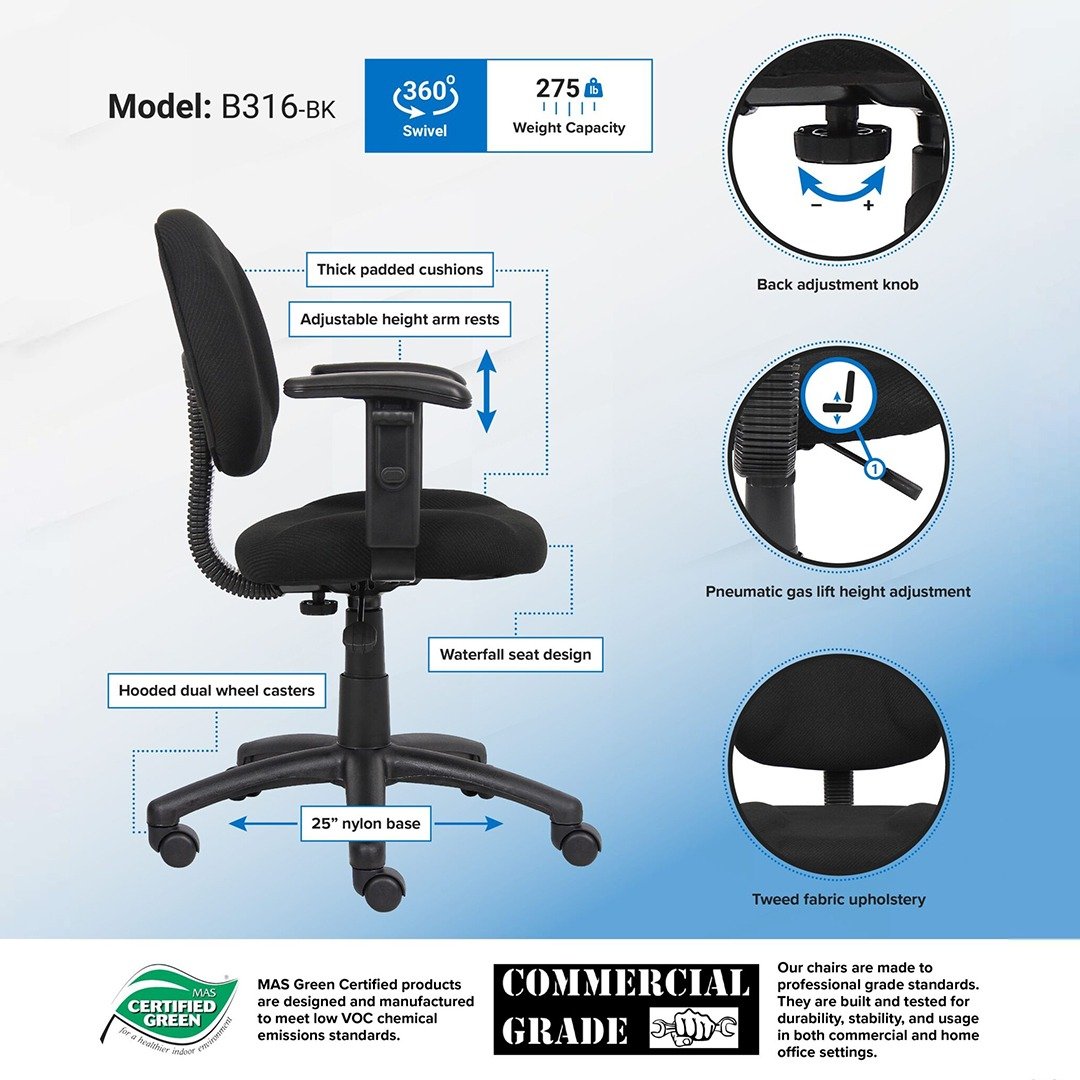 Boss Perfect Posture Deluxe Office Task Chair with Adjustable Arms, Black - Image 3