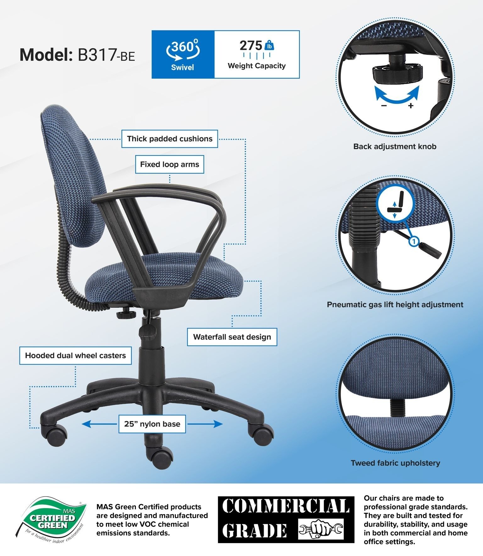 Boss Perfect Posture Deluxe Office Task Chair with Loop Arms, Blue - Image 2