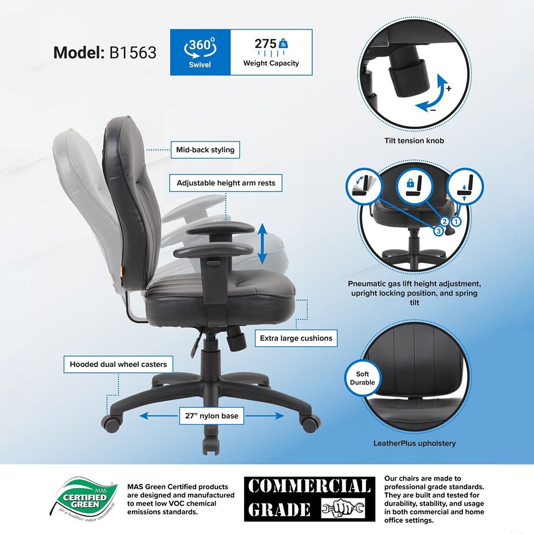 Boss Black Leather Task Chair W/ Adjustable Arm - Image 6