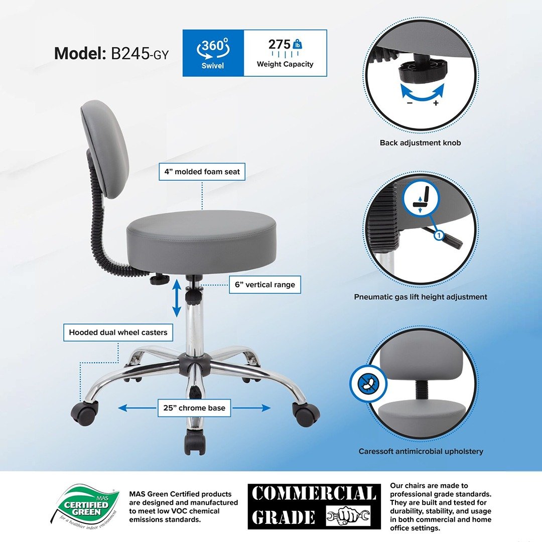 Boss Be Well Medical Spa Professional Adjustable Stool with Back, Grey - Image 6