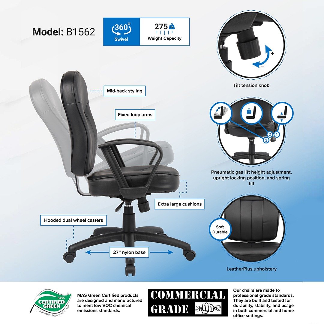 Boss Black Leather Task Chair W/ Loop Arms - Image 7