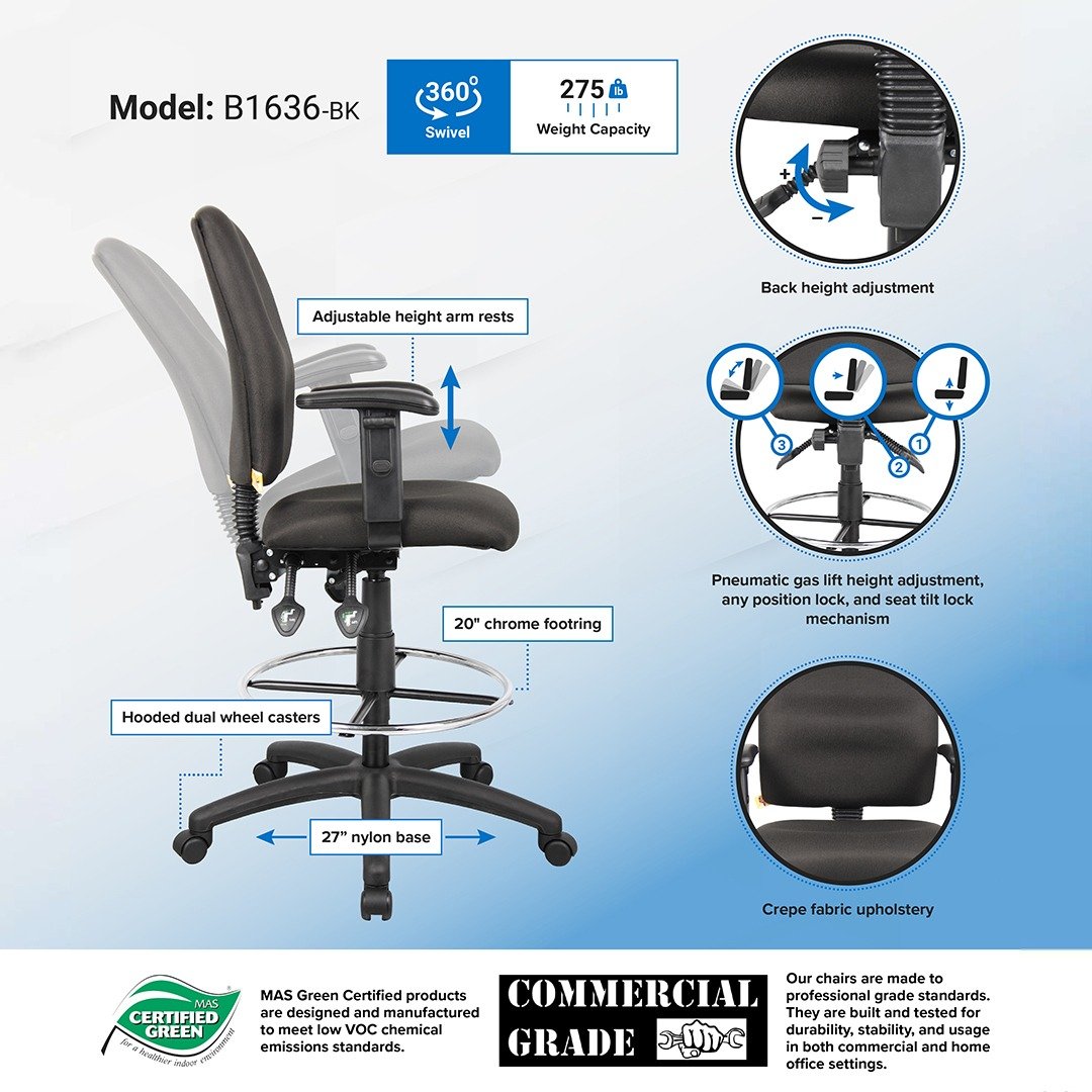 Boss Multi-Function LeatherPlus Drafting Stool W/ Adjustable Arms - Image 7