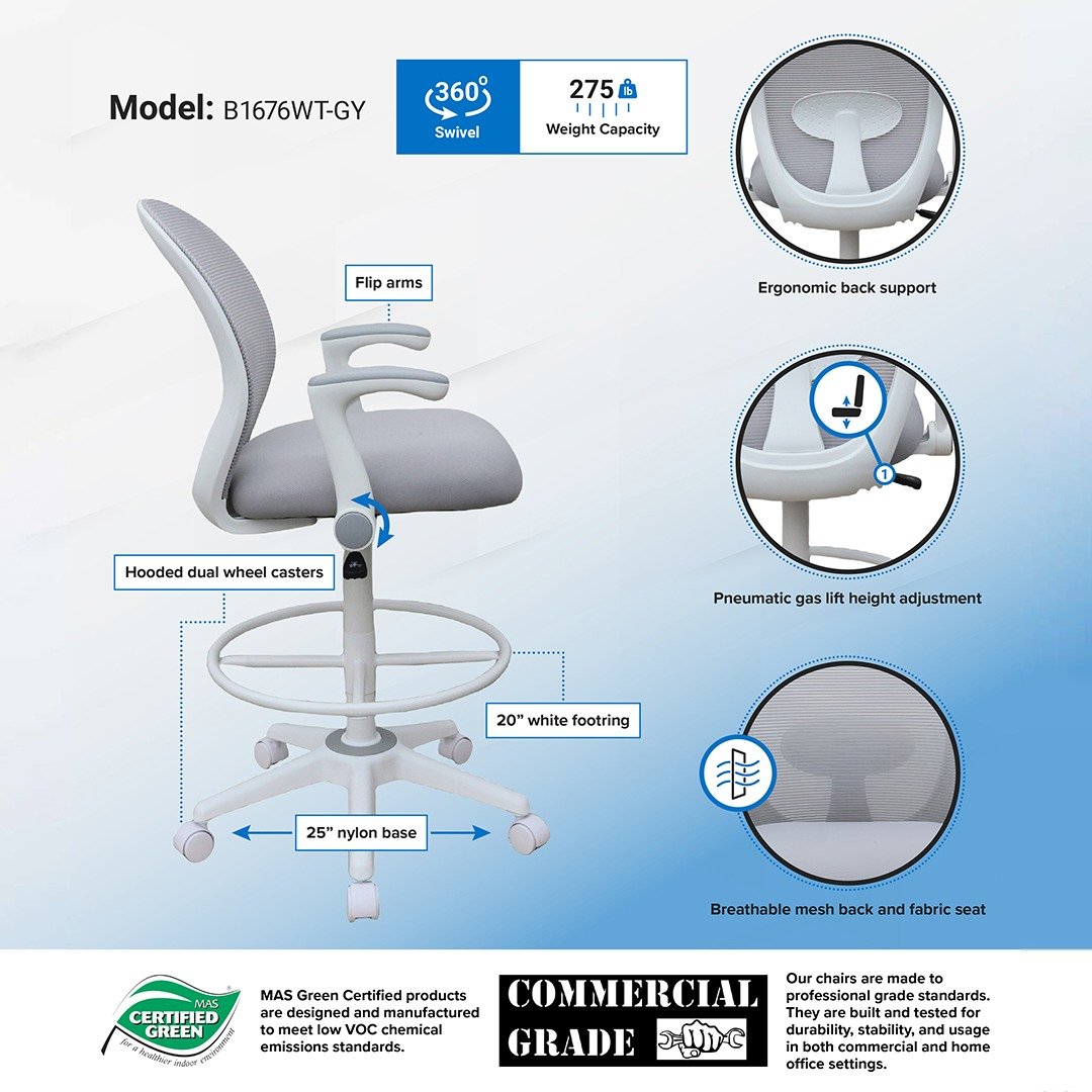 Boss Grey Mesh, Flip Arm, Stool, White Frame - Image 4