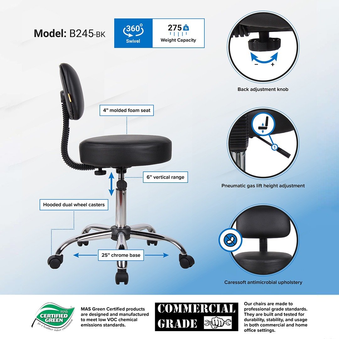 Boss Black Antimicrobial Vinyl Medical Stool W/ Back Cushion - Image 7