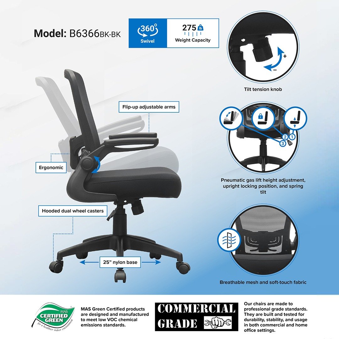 Boss Black Mesh, Flip Arm, Task Chair, Black Frame - Image 4