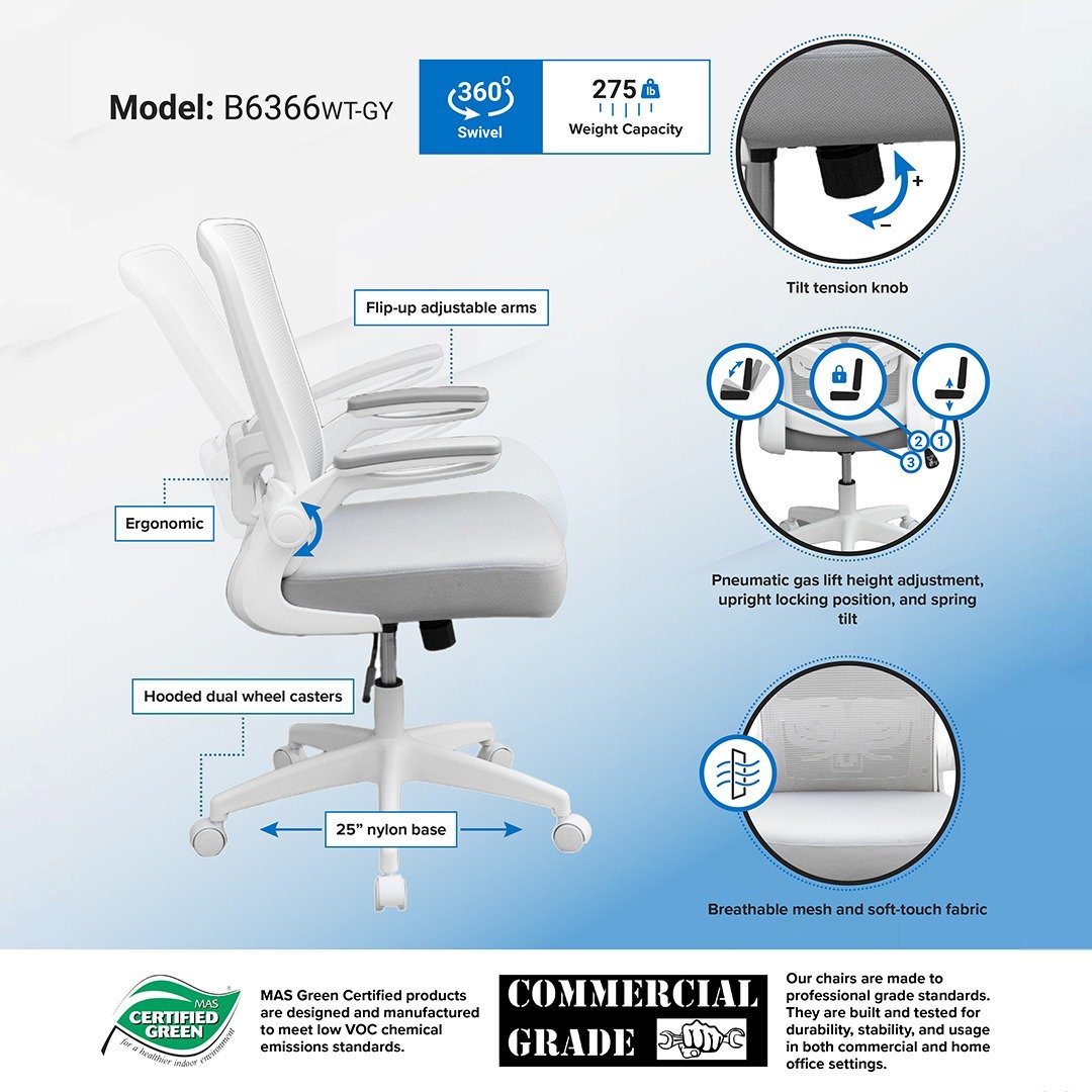 Boss Grey Mesh, Flip Arm, Task Chair, White Frame - Image 5