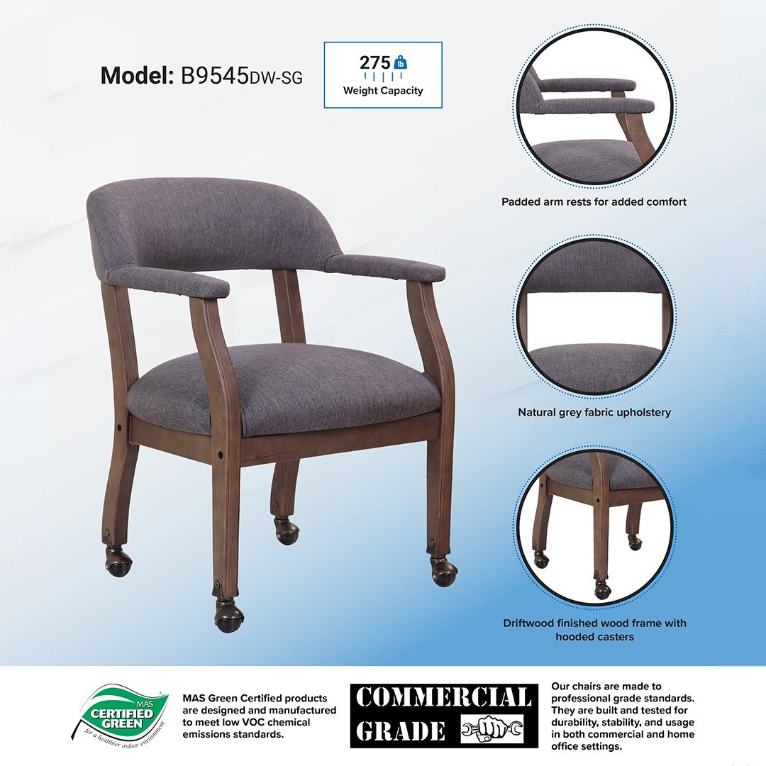 Boss Modern Captain's guest, accent or dining chair in Slate Grade Commercial Grade Linen With Casters - Image 7